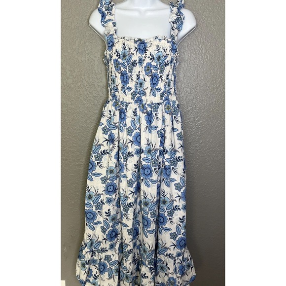 Haute Hippie Dresses & Skirts - Haute Hippie Ruffle‎ Floral Blue Midi Dress Sz 4 Tiered Peasant Boho Smocked